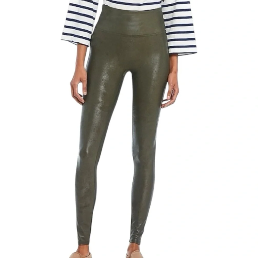 Spanx Faux Leather Leggings Olive Green Casual‎ Comfort Night Out Size Small